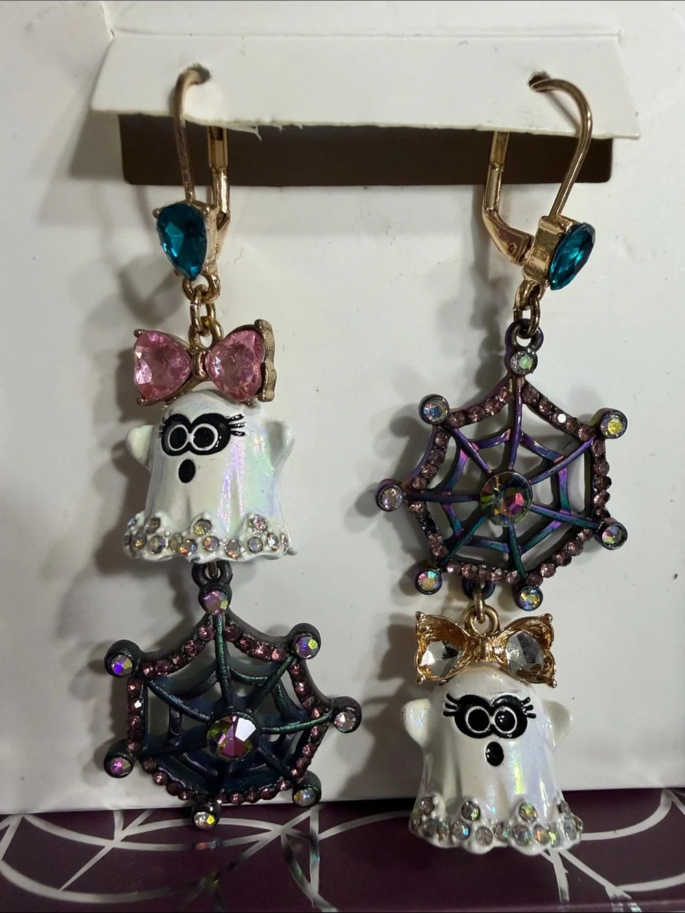 Betsey Johnson Pink, Teal & Iridescent Ghost and Spiderweb Drop Earrings